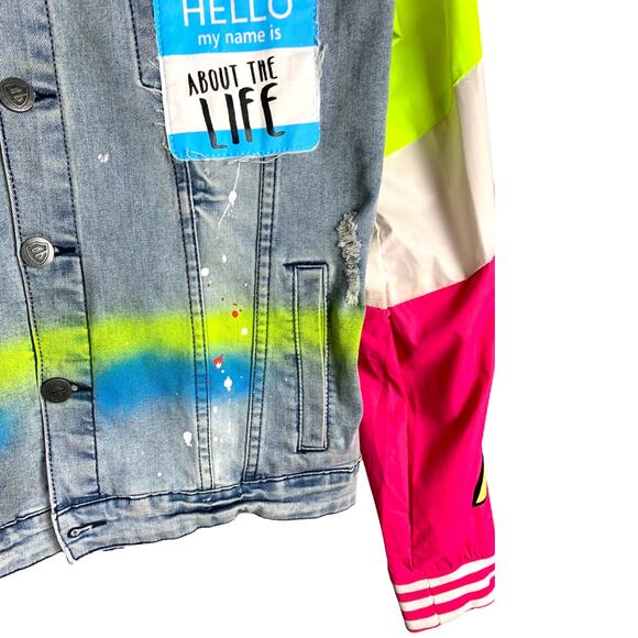 Encrypted Jean Jacket Womens M Blue Denim Graffiti Streetwear Sleeves 1980s - Picture 5 of 11